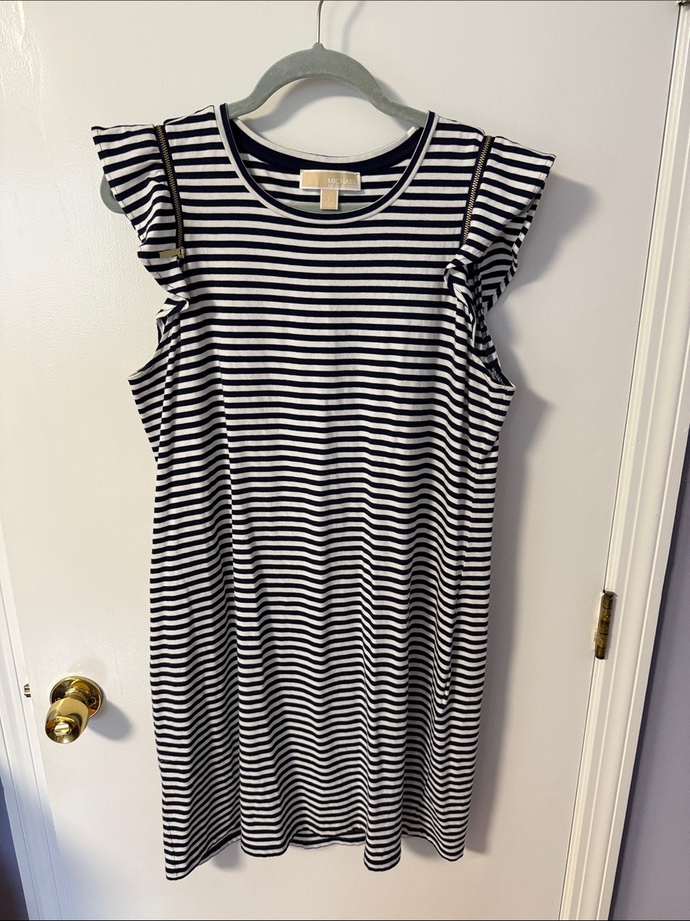 Michael Kors Black & White Striped Flutter Sleeve Dress